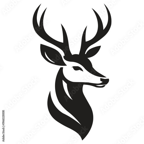 Deer head silhouette illustration. The deer's head is generally elongated with large eyes, wide ears, and facial glands in front of the eyes that secrete a scented fluid. The most iconic feature is th