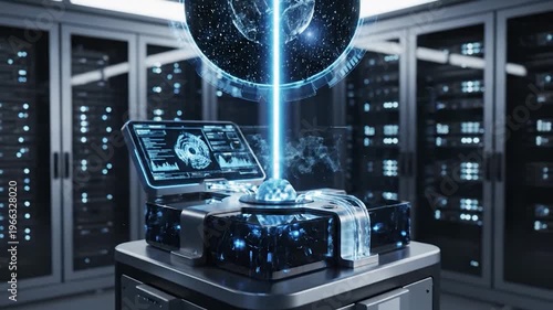Futuristic holographic interface displaying complex data and a glowing orb in a high-tech laboratory setting with server racks in the background