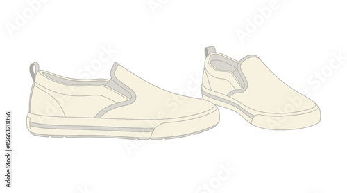 A pair of simple, comfortable, off-white slip-on canvas shoes shown from a side profile against a white background.