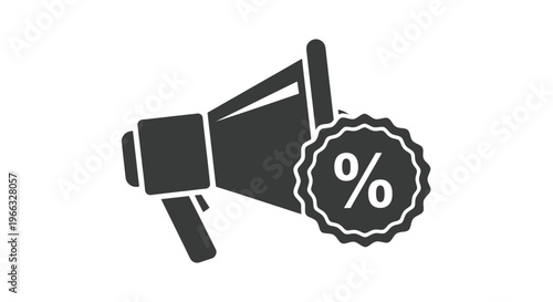 Simple black and white vector graphic illustration symbolizing a loud announcement about a major percentage discount or sale event