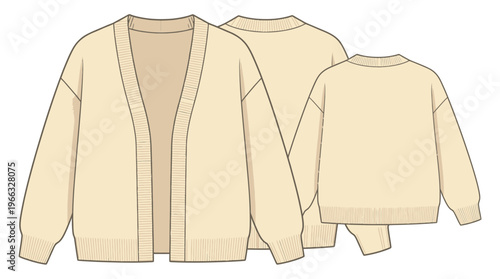 Fashion illustration of a cream-colored knitted cardigan shown from the front and back.