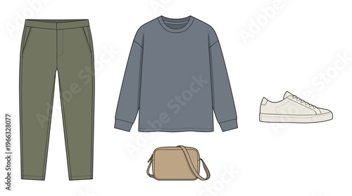 Flat lay of casual outfit: olive green joggers, grey sweatshirt, beige crossbody bag, and white sneakers.