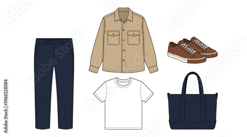 Flat lay of casual men's clothing and accessories, including navy trousers, beige shirt, white t-shirt, brown sneakers, and a navy tote bag.