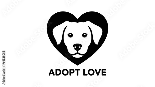 A heartwarming vector graphic illustration of a dog's face inside a heart with the words 'ADOPT LOVE' below it
