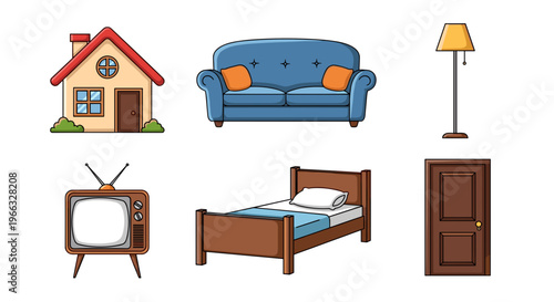 A vector graphic illustration of various household furniture and appliances on a white background