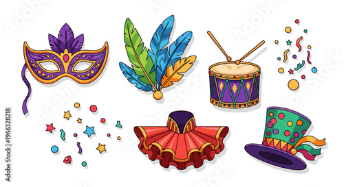 A colorful Mardi Gras celebration icon set with festive masks and decorations