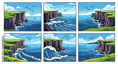 A vector graphic illustration of six ocean cliff scenes with varying wave movements and birds in flight