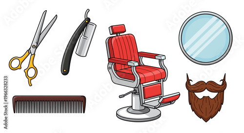 A vector graphic illustration of barber tools and a chair on a white background