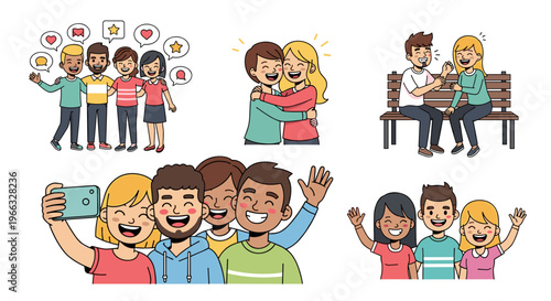 A colorful vector illustration of happy people socializing and taking selfies together in a modern setting