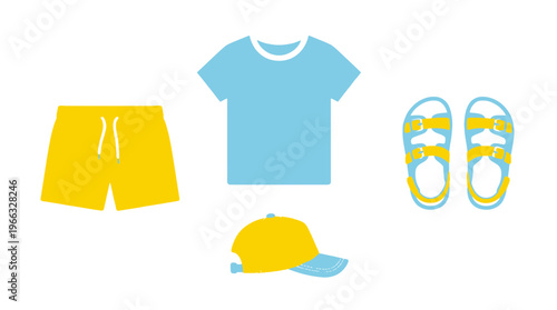 Flat lay of summer clothing essentials including shorts, t-shirt, cap, and sandals.