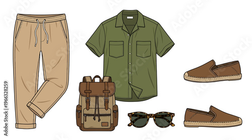 Flat lay of men's casual summer outfit with khaki pants, green shirt, backpack, sunglasses, and slip-on shoes.