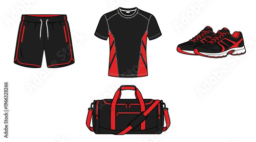 Collection of athletic wear and accessories, including shorts, t-shirt, sneakers, and a duffel bag, all in black and red.