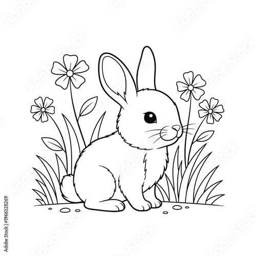 A charming black and white illustration of a cute bunny sitting in a field of flowers, perfect for coloring pages and Easter themes