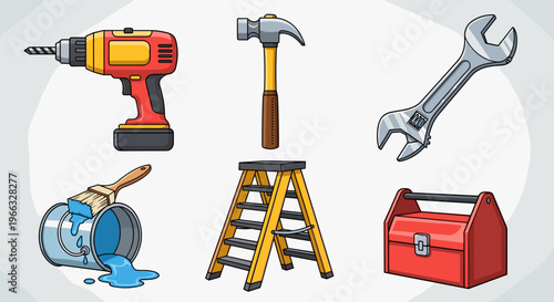 A set of colorful vector icons depicting various hand tools and equipment for DIY projects and construction