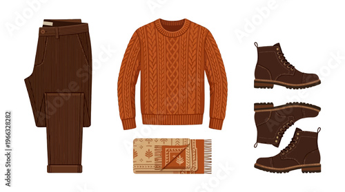 A flat lay of a stylish autumn outfit including brown trousers, an orange cable-knit sweater, a patterned scarf, and brown leather boots.