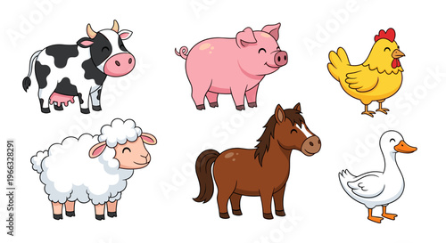 A colorful vector illustration of farm animals including a cow, pig, chicken, sheep, horse, and goose.