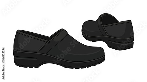 Pair of black nurse clogs, comfortable slip-on shoes for medical professionals, isolated on white background.
