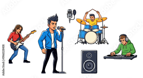 A colorful vector illustration of a rock band performing on stage with musical instruments and equipment