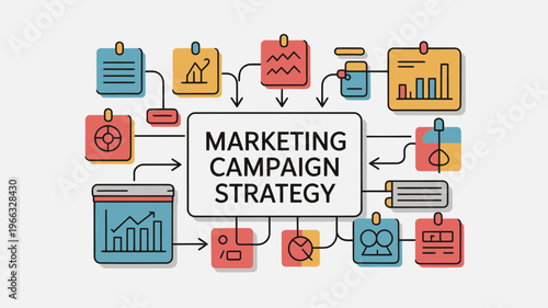A colorful vector graphic illustrating a marketing campaign strategy with various icons and symbols