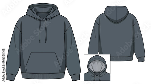 Flat fashion sketch of a dark grey oversized hooded sweatshirt with a front pocket and drawstring.