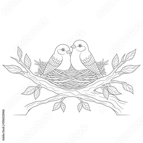 Two little birds nestled together in a cozy bird's nest on a branch, a symbol of love and companionship