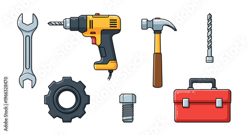 A set of colorful vector tools and equipment for construction and repair work