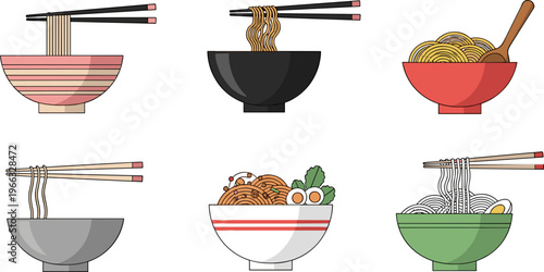 Asian Noodle Bowl Icon Set with Chopsticks and Different Ramen Styles for Food Menu, Restaurant Branding, and Culinary Illustration Design
