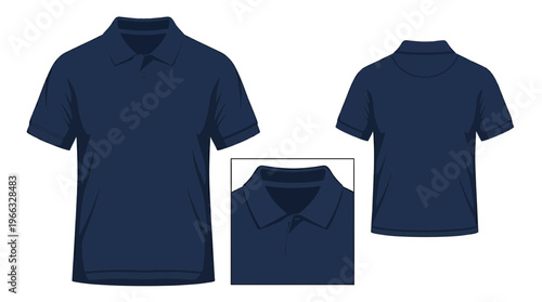 Navy blue short-sleeved polo shirt shown from front and back with a close-up of the collar detail.