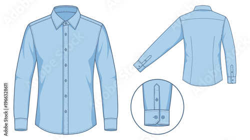 Flat vector illustration of a light blue long-sleeved collared shirt, front and back views, with a close-up of the cuff detail.