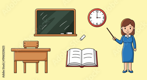 A cartoon teacher standing in a classroom with a blackboard and desk