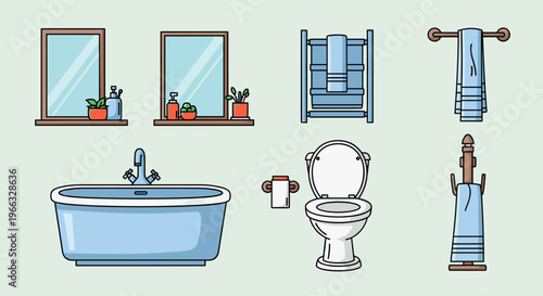 A set of bathroom icons including a bathtub, toilet, sink, and towel rack in a flat design style