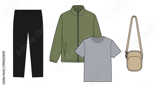 Flat lay of casual men's clothing and accessories, including black pants, a green jacket, a grey t-shirt, and a beige crossbody bag.