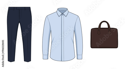 Flat lay of a light blue dress shirt, dark navy trousers, and a brown leather briefcase, representing business attire.