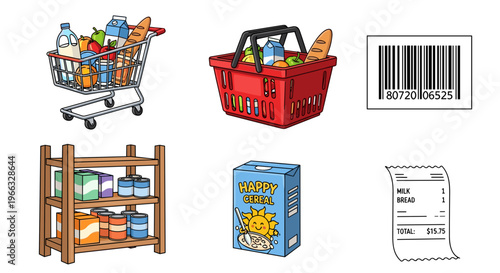 A colorful vector graphic illustration of various shopping icons including a cart, basket, shelf, and receipt