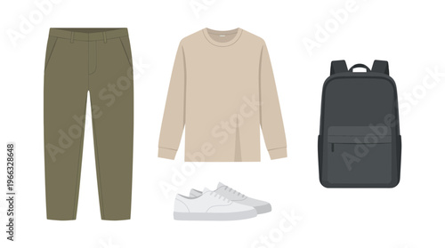 Flat lay of casual men's clothing and accessories including pants, long sleeve shirt, sneakers, and backpack.
