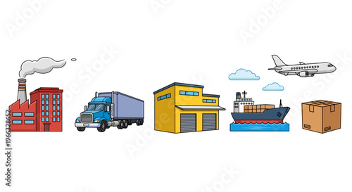 A colorful vector graphic illustrating various modes of transportation and logistics