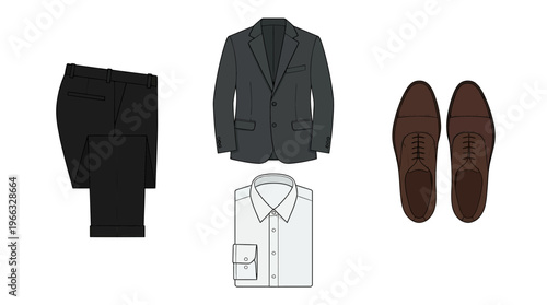 A flat lay of a formal men's outfit including a dark suit jacket, white dress shirt, black trousers, and brown leather shoes.