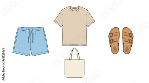 Flat lay of casual summer clothing and accessories including shorts, t-shirt, tote bag, and sandals.