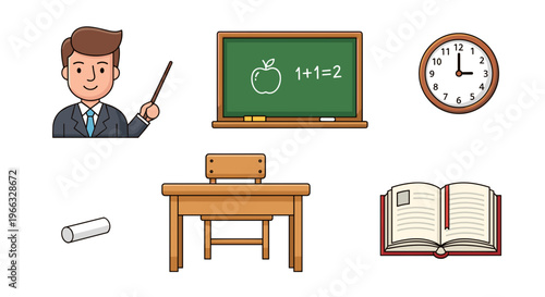 A vector graphic illustration of a teacher's classroom with educational elements and furniture.