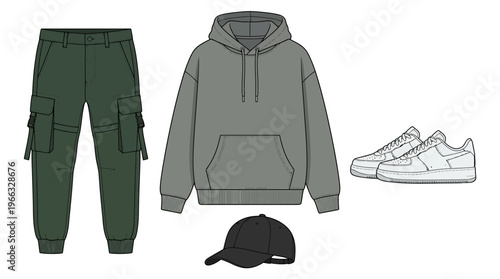 Flat lay of a stylish casual outfit including cargo pants, a hoodie, a baseball cap, and sneakers.