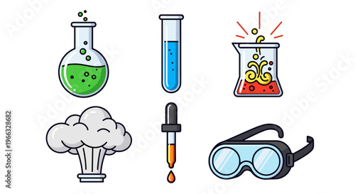 A colorful vector graphic illustration of laboratory equipment and safety gear for science experiments