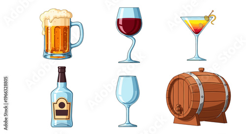 A colorful vector illustration of various alcoholic beverages and a barrel