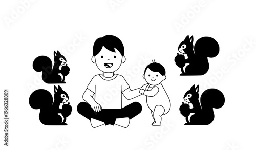 Minimalist kids and squirrels vector illustration boy sitting baby girl standing with cute animals clean design isolated on white