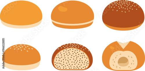 Bread Bun Icon Set with Different Bakery Roll Variations for Fast Food, Sandwich Ingredients, and Baking Illustration Design