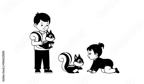 Adorable children and squirrels flat vector illustration curious boy and crawling baby girl playful wildlife scene isolated on white