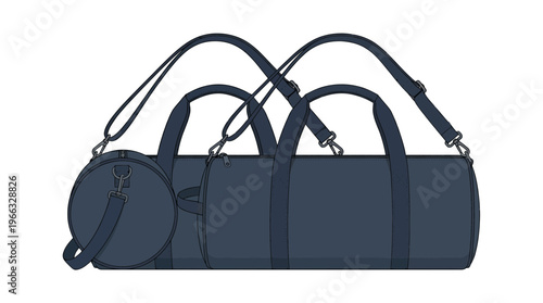 Blue duffel bag with a small attached pouch and adjustable shoulder strap, isolated on white background.