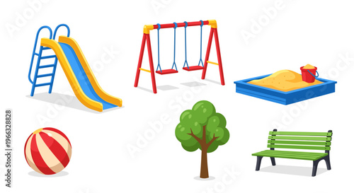 A colorful vector illustration of a playground with swings, slide, and sandbox for kids to play