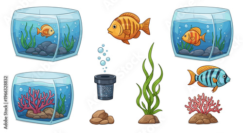 A colorful vector illustration of fish and aquarium elements on a white background