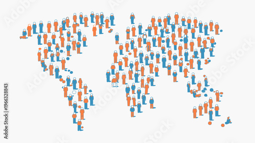 A vector graphic illustration of a world map made up of small human figures in blue and orange colors