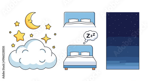A vector graphic illustration of a peaceful bedroom scene with a sleeping person and a dreamy night sky